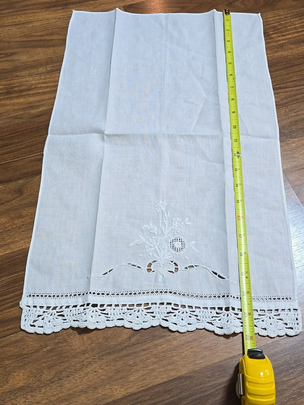 Pair Of Linen Embroidered Crochet Tea Towels